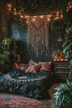 a bedroom decorated with plants and lights in the dark, filled with hanging macrams