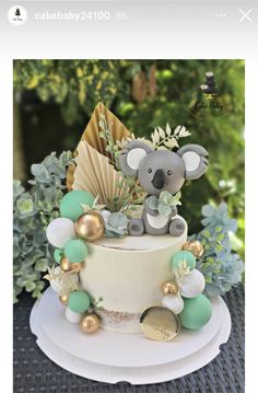 a cake with a koala on top and decorations around the edges, sitting on a table