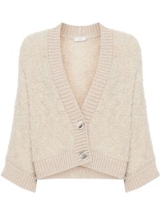 sand beige knitted construction bouclé construction front button fastening ribbed trim with lurex detailing V-neck three-quarter length sleeves ribbed hem cropped Yoko London, City Dress, Sand Beige, Summer Beach Wear, Knitwear Cardigan, Lady Dior, Knitwear Women, Jacket Tops, Three Quarter