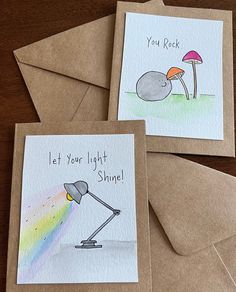 three greeting cards with an image of a lamp and mushroom on them, one says let your light shine