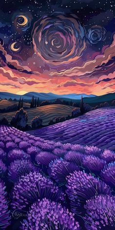 a painting of lavender fields at night