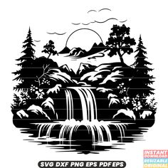 an image of a waterfall in the woods with mountains and trees on it, as well as