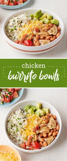 chicken burrito bowls with rice, beans and vegetables in them are ready to be eaten