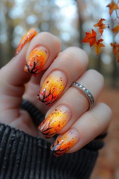 Flame-like designs using orange and yellow polish with added confetti sprinkles for a fiery and festive look. Bonfire Nails Design, Bonfire Nail Designs, Black And Orange Nails Ideas, Bonfire Nails, Fiery Nails, Otoño Nails, Nail Designs For Winter, Party Nail Design, Nail Art Orange