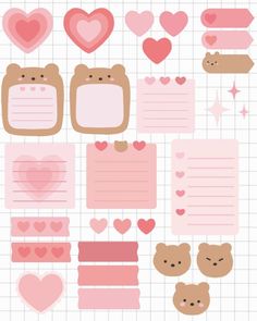 a set of paper with hearts and bears on the top, along with other items