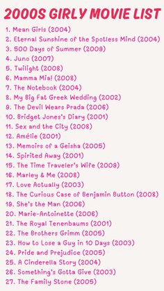 2000s girly movie list Girly Movies List, Movies 2000s Film, Teen Movies 2000s, Girly Christmas Movies, Good Movies To Watch For Teens, 2000 Movies List, Film To Watch List, 2000s Movies List, Movie Night Movies List