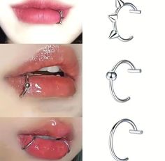 three different images of the same person's lips and nose piercings, each with an open nose ring