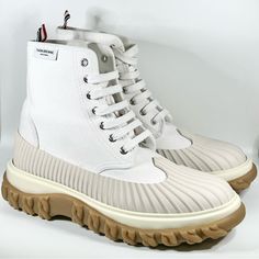 These Are A Brand New Pair Of Thom Browne White Chelsea Duck Boots In A Size 8.5us/41.5eu Consists Of A Canvas Upper Rubber Midsole And Sole 100% Authentic New With Box Made In Italy Msrp: $990 Note* Minor Yellowing From Manufacturing Glue Stains Thom Browne Shoes, Cap Toe Shoes, Brogue Boots, Winter Leather Boots, Duck Boots, Black Fleece, Black Leather Boots, Thom Browne, Leather And Lace