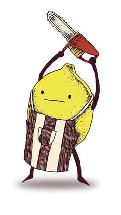 a drawing of a lemon holding a hairdryer on its head and wearing a striped shirt