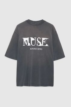 Designed by Anine Bing. The Wes Tee Painted Muse is a boxy, oversized T-shirt made from a heavyweight, organic cotton vintage jersey in a sun-faded black wash with a subtle mock neckline. It features white, brushstroke-inspired lettering screen printed across the front. The Wes Tee is cut for a boxy, oversized fit. Take your true size. Fit: Model is wearing size S. Model Measurements: Height: 5'10", Bust 31.5", Waist 24", Hips 34". Materials + Care: 100% Organic Cotton. Machine wash. Return Poli Vintage Jerseys, Anine Bing, Mock Neckline, Wardrobe Basics, Clothing Labels, Oversized T Shirt, Oversized Tshirt, Oversized Fits, Summer Casual