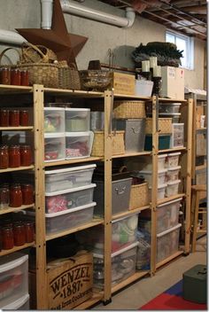 shelves filled with jars and containers in a storage area at a warehouse or office building