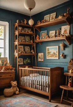 a baby's room with blue walls and wooden shelves