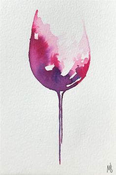 a watercolor painting of a wine glass with purple and pink paint dripping from it