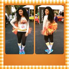 two pictures of a woman dressed up as a candy corn cosplay and smiling at the camera