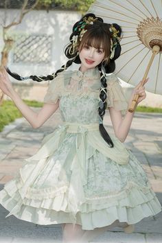 Green Pepper Chiffon Double-Layered Ruffle Bowknot Lace Sweet Chinese – LolitaInside