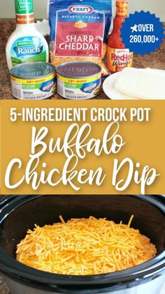 crock pot buffalo chicken dip with ingredients in the background and text overlay that reads, 5 ingredient crock pot buffalo dip