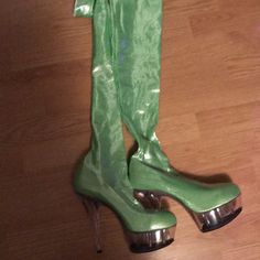 Made For A Size 10, But Not Marked On Anything. Green Sparkle Spandex So That They May Cover The Leg Completely. 6” Heel On 1 1/2” Clear Platform. Never Worn Synthetic Club Heels, Fitted Green Heels With Round Toe, Metallic Fitted Heels For Night Out, Anything Green, Custom Made, Size 10, Sparkle, Spandex, Women Shoes