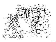 two children playing in the snow with an adult and one child standing next to them