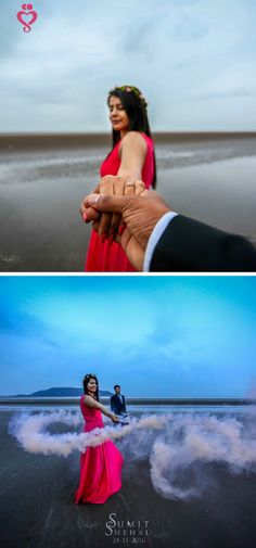 two different pictures with one woman in a pink dress and the other man in a black suit