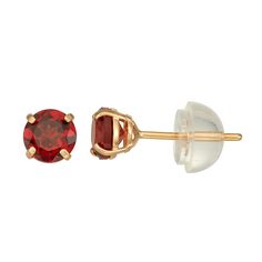 Simple and beautiful. This pair of 14k gold gemstone stud earrings is the perfect choice for your little one's growing jewelry collection. Simple and beautiful. This pair of 14k gold gemstone stud earrings is the perfect choice for your little one's growing jewelry collection. Length: 4 mm Backings: post Metal: 14k gold Finish: polished Packaging: boxedSTONE DETAILS Total weight: 1/2 ct. Center stone size: 4 mm x 4 mm Shape: round Setting: prong Gemstones may have been treated to enhance their a Red Birthstone Round Earrings, Red Round Cut Birthstone Earrings, Red Gemstone Earrings In 14k Gold, Post Metal, Gemstone Stud Earrings, Gemstone Studs, Jewelry Earrings Studs, Gold Finish, Garnet