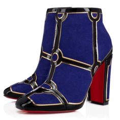 Christian Louboutin Interior Boot 100 Pat/Spec/Vv In Version Azuejeo. Colors/Materials:Blue Suede With A Gold And Black Patent Leather Art Deco Design. Size 39. Brand New In Box. No Dust Bag. Luxury Blue Boots With Round Toe, Luxury Blue Heels For Galas, Designer Blue Boots With Round Toe, Blue Louboutin, Louboutin Bags, Fashionable Shoes, Glad Rags, Leather Art, Swag Shoes