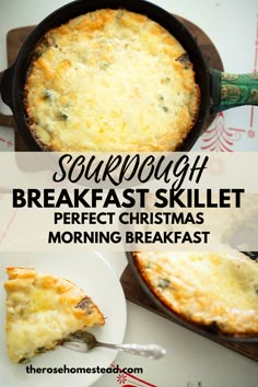 This sourdough breakfast skillet is the perfect Christmas morning breakfast! Using sourdough starter, eggs, and veggies, it has a lot of protein and can be customized to your taste! Find the full recipe at The Rose Homestead Blog today! Sourdough Recipes Breakfast, Sourdough Discard Breakfast Casserole, Sourdough Breakfast Pizza, Protein Sourdough Recipes, Sourdough Breakfast Casserole, Sourdough Breakfast Bread, Breakfast Sourdough Recipes, High Protein Sourdough Recipes, Sourdough Breakfast Ideas