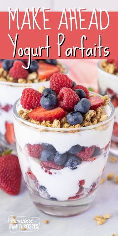 yogurt parfait with berries and granola on top