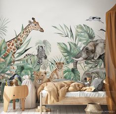 an animal themed wallpaper in a child's bedroom