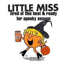 a poster with an image of a little miss witch holding a pumpkin