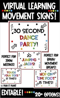 a poster with the words, virtual learning movement signs and other activities for kids to do