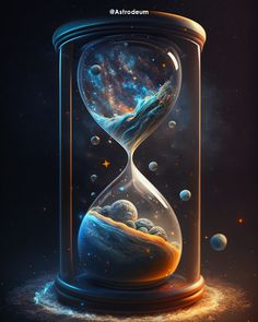 an hourglass filled with water and bubbles on top of a dark background, surrounded by stars