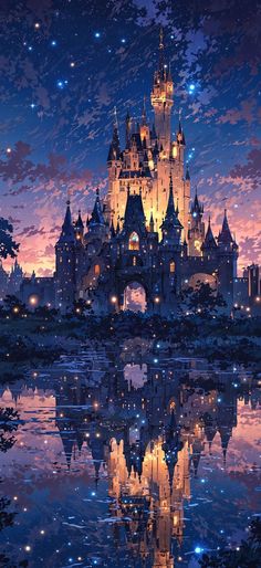 the castle is lit up at night with stars in the sky and reflecting in the water