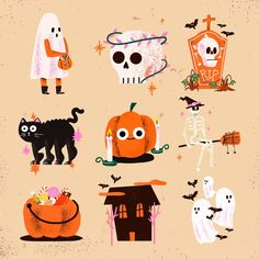 an image of halloween decorations on a beige background with ghost, pumpkins and cat