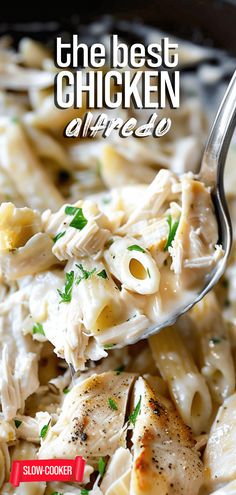 the best chicken alfredo is shown with a spoon