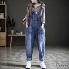 Lasaky - Loose-fit Wide Leg Jumpsuit Overalls - Denim Dungarees for Plus Size Women Long Overalls, Sweat Vintage, Overalls Vintage, Moda Denim, Pocket Jumpsuit, Jumpsuit Casual, Stylish Jumpsuit, Suspender Pants, Chic Fall Outfits