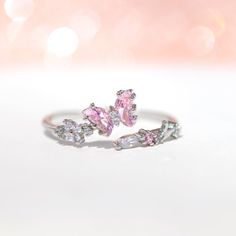 Adjustable Cubic Zirconia Butterfly Open Ring, Adjustable Butterfly Ring With Cubic Zirconia, Adjustable Cubic Zirconia Butterfly Promise Ring, Pink Spring Anniversary Jewelry, Adjustable Cubic Zirconia Butterfly Wedding Ring, Adjustable Cubic Zirconia Butterfly Ring For Anniversary, Adjustable Cubic Zirconia Butterfly Ring For Wedding, Dainty Pink Cubic Zirconia Ring, Prom Accessories