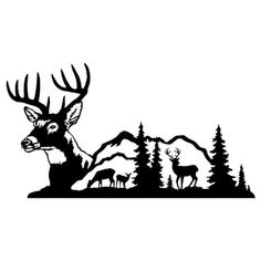 deer in the woods with trees and mountains silhouetted on a white background, vinyl decal