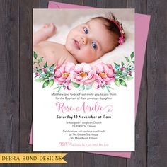 Dedication Invitations, Christening Invitations Girl, Baptism Invitations Girl, Pretty Invitations, Christening Invitation, Floral Invitations Template