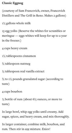 the ingredients for an eggnog recipe are shown in black and white text on a white background