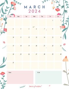 the march calendar is shown with flowers and leaves on it, as well as an image of