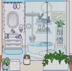 the bathroom is decorated in pastel colors and has plants on the floor, potted plants, and a shower