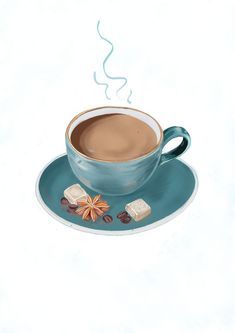 a painting of a cup of hot chocolate and marshmallows on a saucer