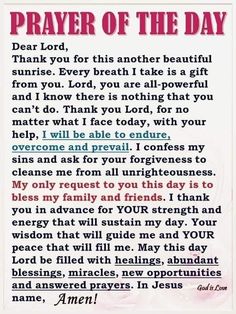 a prayer for the day that is written in pink