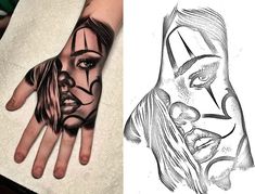 two hand tattoos, one with a woman's face and the other with a man's face