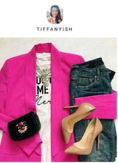 Pink Blazer Jeans, Blazer Jeans Outfit, Hot Pink Blazer, Hot Pink Blazers, Outfits Con Jeans, Looks Jeans, Look Office, Blazer Outfits For Women