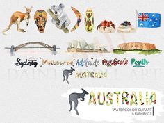 australia watercolor clipart with the word australia written in different languages and animals on it