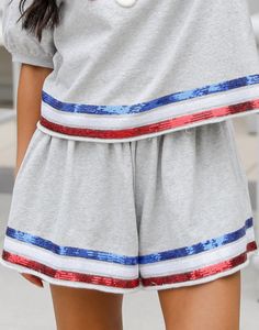 USA Heather Grey Sequin Shorts Cute Matching Sets, Casual Kimono, Cute Matching, Shorts Cute, 4th Of July Outfits, Sequin Shorts, Rust Dress, Puff Sleeve Dresses, Casual Jumpsuit