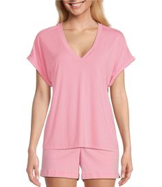 From Tommy Bahama, this t-shirt features:soft stretch knit jersey fabricationv-necklineShort sleeves with rolled cuffseasy oversized fitpullover constructionapprox. 25" in length contains sustainable material: TENCEL™ modalmodal/polyester/spandexmachine washImported. Pink Relaxed Fit V-neck Shirt, V-neck Cotton Tops For Loungewear, Casual Pink V-neck Top With Short Sleeves, Summer V-neck Top With Short Sleeves For Loungewear, Summer Short Sleeve V-neck Top For Loungewear, Casual V-neck Short Sleeve Top For Loungewear, Summer V-neck Loungewear Shirt, Summer V-neck Loungewear T-shirt, Spring V-neck T-shirt For Loungewear