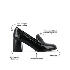 Take your office attire to the next level with the Malleah heeled loafer from Journee Collection. These shoes are designed to make you look polished and professional. With a block heel measuring 2 1/2 inches and a square toe, they strike the perfect balance between style and sophistication. You won't have to worry about discomfort thanks to the 4 mm Tru Comfort Foam™ insole, soft faux leather, and wide-width footbed that provide all-day comfort. • Square-Toe • Heeled Loafer • Slip-On • 4 mm Tru Block Heel Loafers, Women Men Shoes, Shoes Heels Pumps, 2 Inch Heels, Journee Collection, Heeled Loafers, Toe Designs, Office Wear, Stacked Heel