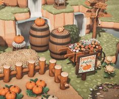 a painting of pumpkins, hay and barrels in front of a sign that says pumpkin patch